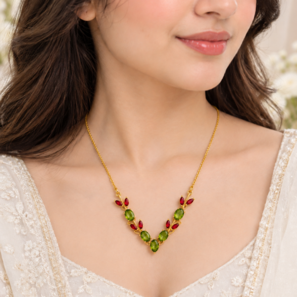 Elegant Ruby & Emerald Floral Drop Necklace